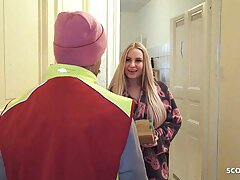 German Teen Couple talk postman to Fuck his Girlfriend while he watch